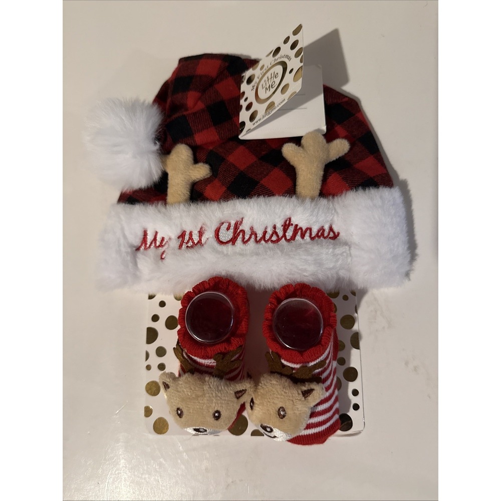 Little Me My First Christmas Santa Hat Reindeer Socks Set Red Plaid Baby 0-12M